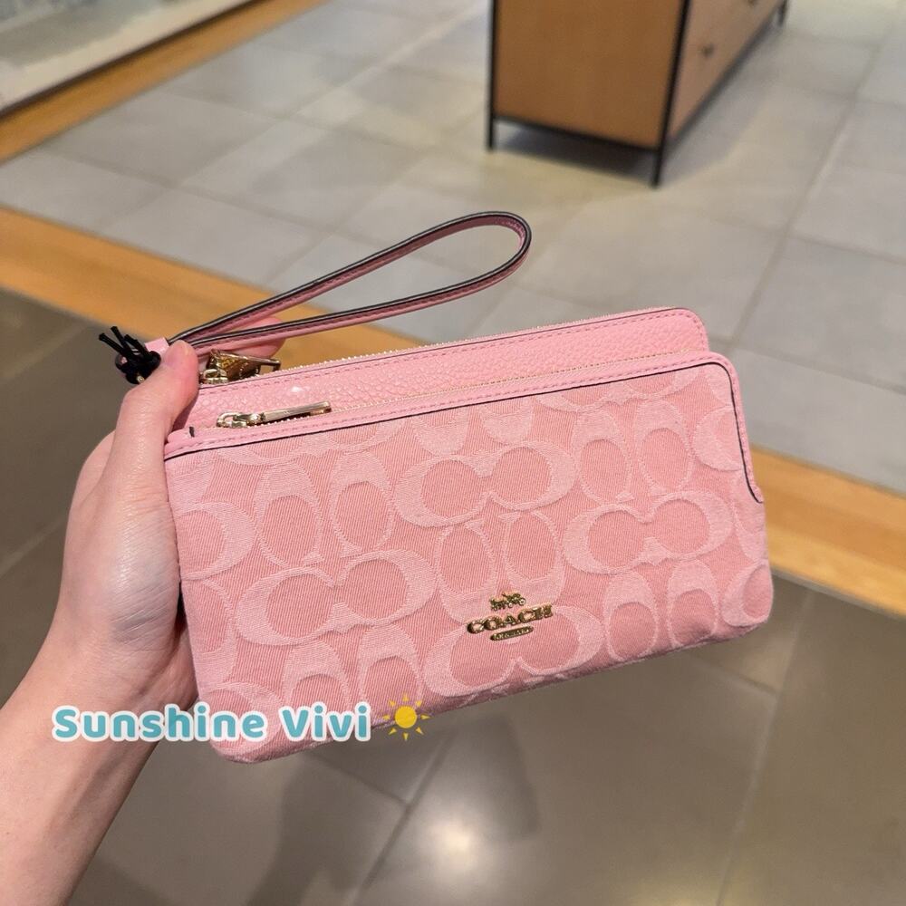 NWT Coach CDN22 Double Zip Wallet In Signature Denim Gold/Light Pink